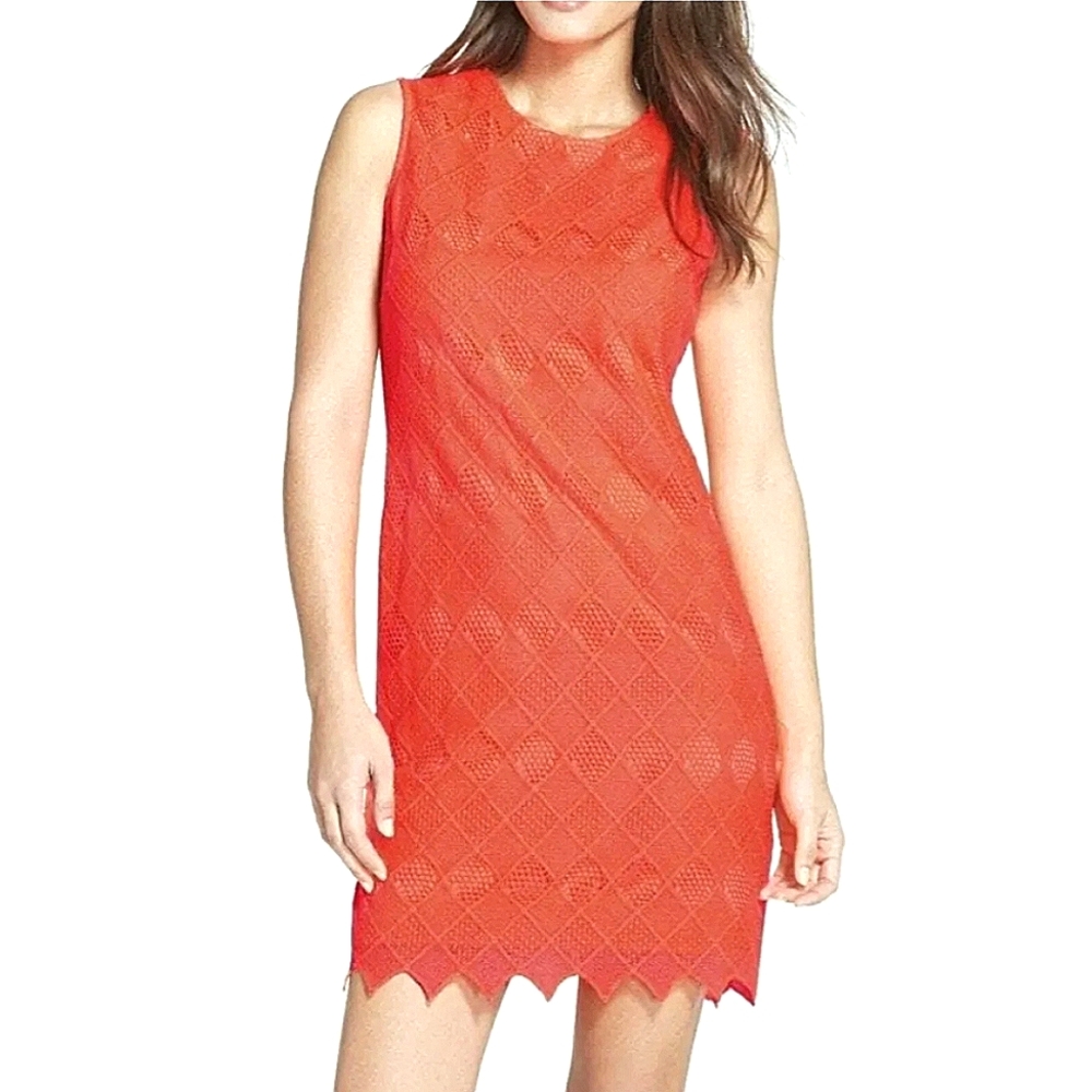 Donna Morgan Bright Coral Orange Crochet Lace Sheath Shift Mini Dress Sz 10